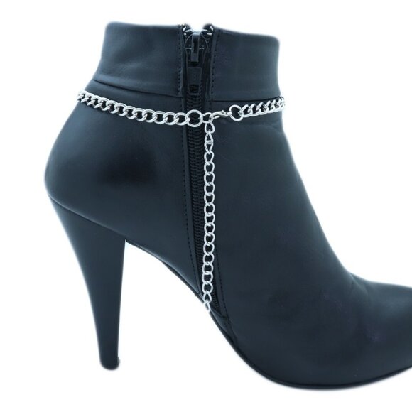 NEW Women Silver Metal Chain Boot Bracelet Shoe Anklet Sky Blue Flower Charm SET - Picture 3 of 17